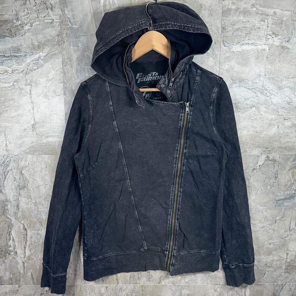 Y2K Fast & Furious Black Denim Zip Up Hoodie Jacket Woman's Size Large
